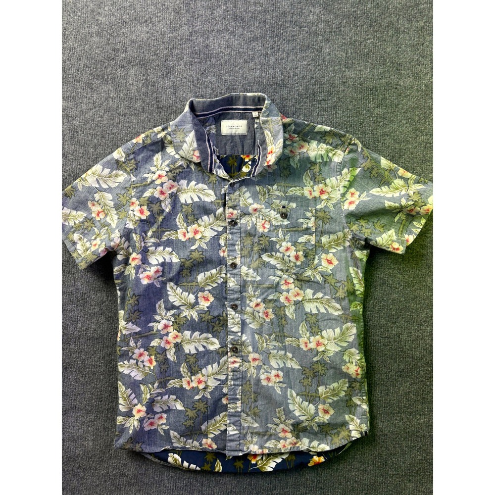 7Diamonds Button Down Shirt Mens M Blue Isle of Penumbra Tropical‎ Floral S/S